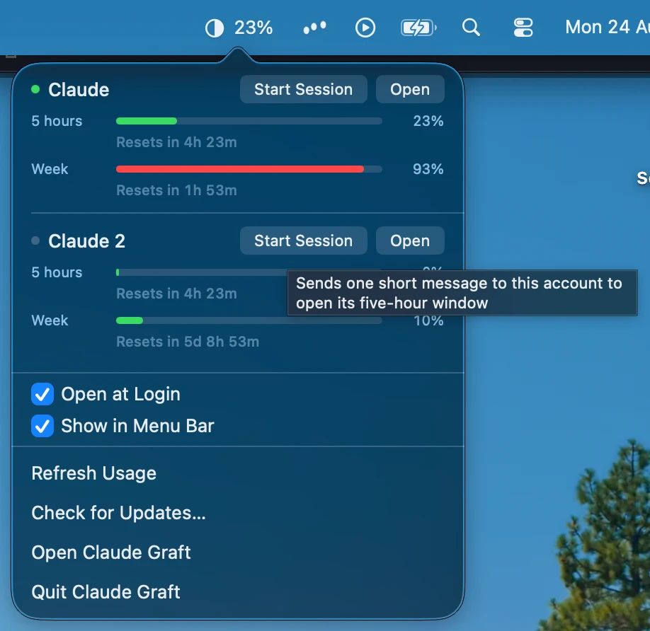 The menu bar dropdown showing five-hour and weekly usage for two Claude accounts, each with its reset time.