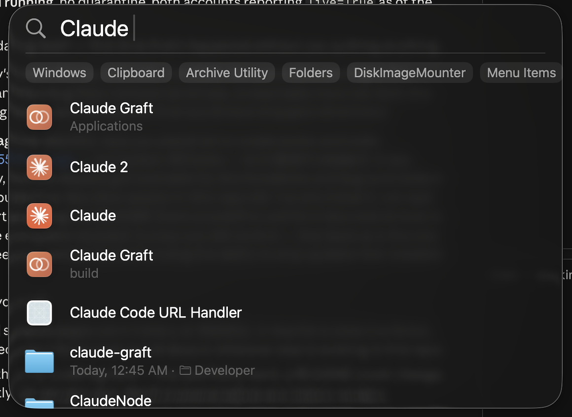 Spotlight showing Claude and Claude 2 as two separate applications.