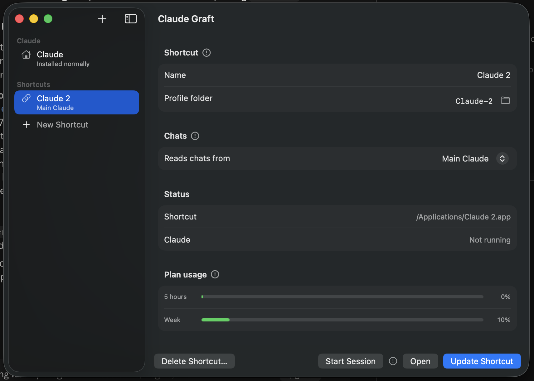 Claude Graft's window: a shortcut named Claude 2, with its chats set to come from the main Claude profile.