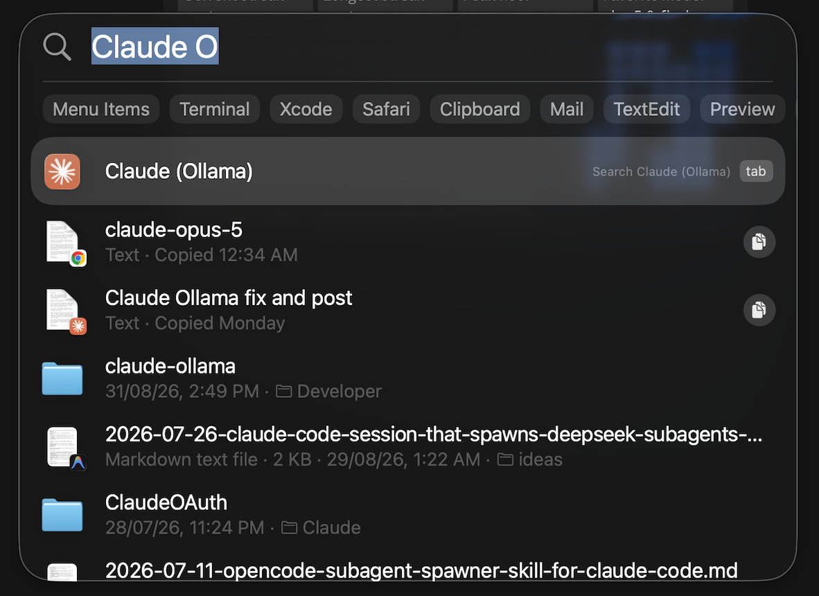 Claude (Ollama) as the first result of a launcher search, with its own icon.