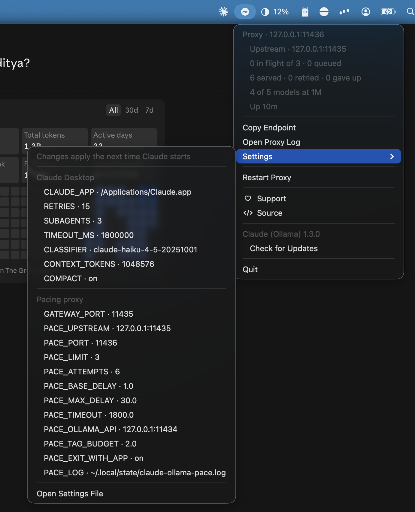 The Settings submenu open, listing every Claude Desktop and pacing proxy setting with its current value, above the running version and Check for Updates.