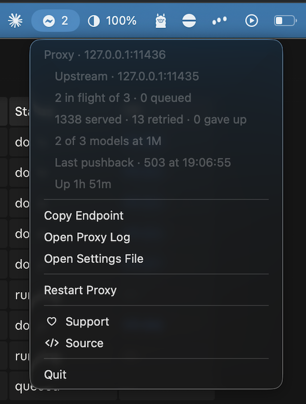 The menu bar item during a run: 2 in flight of 3, 0 queued, 1338 served, 13 retried, 0 gave up, 2 of 3 models at 1M, and the time of the last pushback from the gateway.